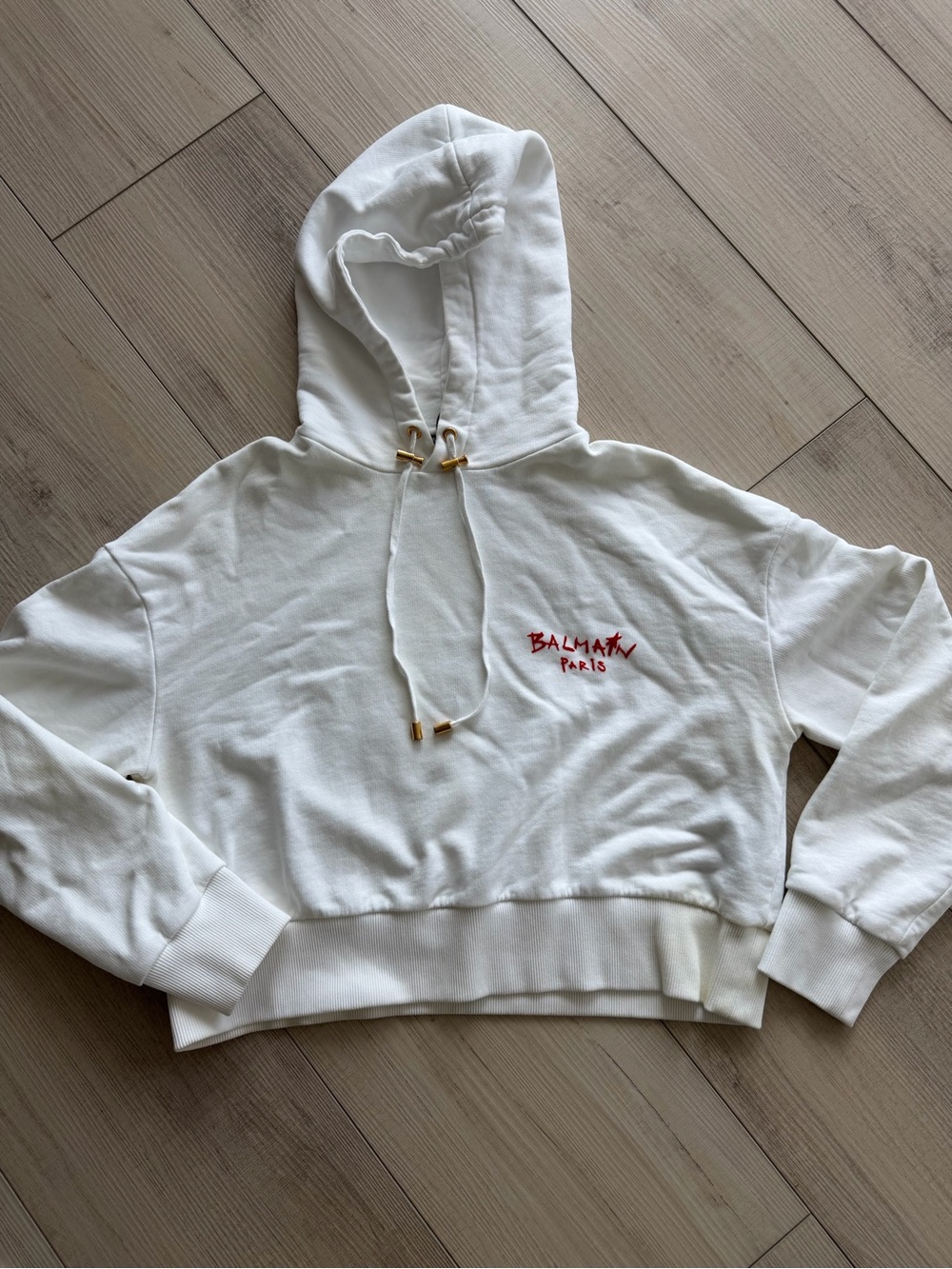 Balmain White Cropped Hoodie with Red Embroidered Logo